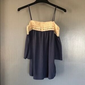 Free Kisses Navy Blue off the Shoulder Blouse Short Sleeve Crochet Top Sz Large